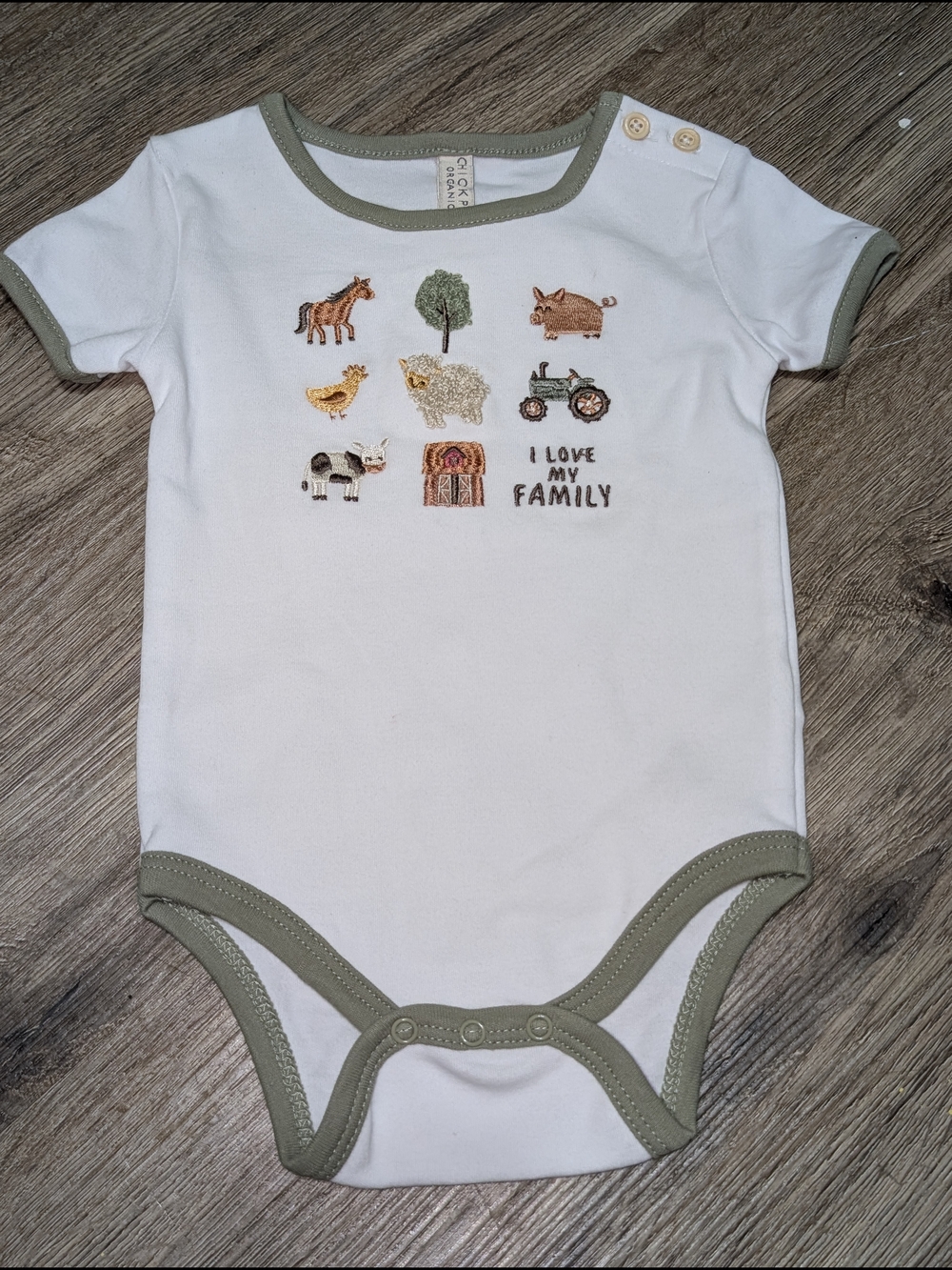 CHICKPEA Organic Cotton 6-9M White Bodysuit Green Trim Farm Embroidery